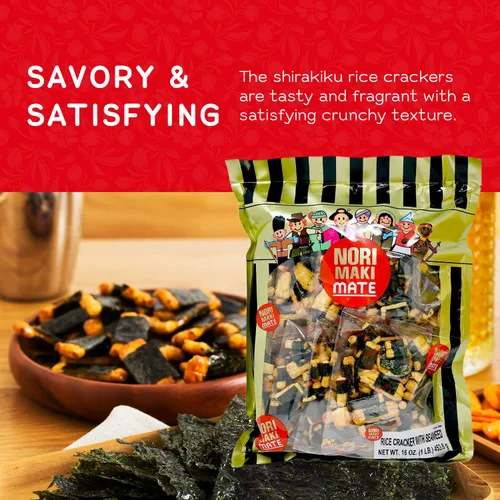 Miniatura 4 de Shirakiku Norimaki Arare Mate - Galletas crujientes de arroz japonés Arroz glutinoso, salsa de soja y algas marinas Snacks de galletas de arroz