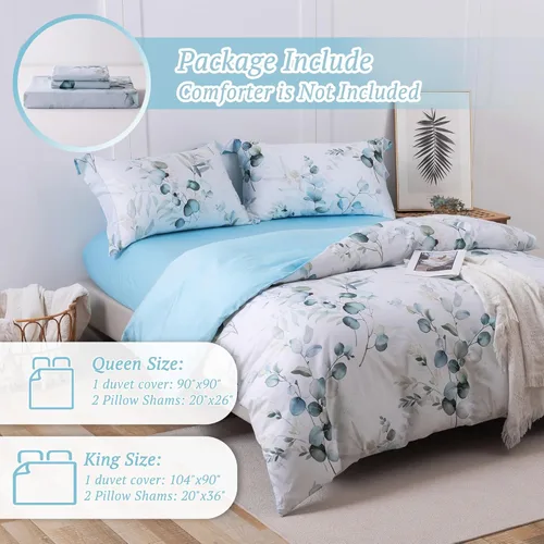 Miniatura 7 de MILDLY Juego de funda de edredón 100% algodón de fibra larga, estampado de hojas en degradado azul bebé y verde, funda de edredón impresa 3 piezas