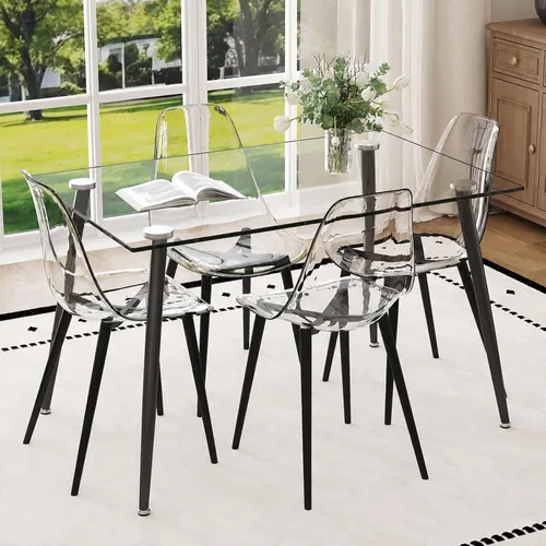 Juego de mesa de comedor de vidrio Ebullient para 4, mesa de 51" de vidrio templado transparente con patas de metal negro y 4 sillas de acrílico