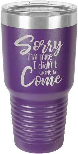 Miniatura 20 de Sorry I'M LATE I DIDN'T WANT TO COME Vaso negro de 30 onzas con popote y tapa superior deslizante Taza de viaje de acero inoxidable Comparar