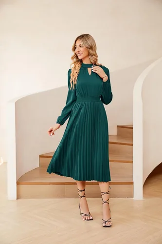 Miniatura 9 de JASAMBAC Vestido midi plisado de manga larga para mujer