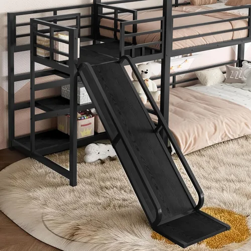 Miniatura 5 de Bellemave Litera individual sobre cama individual con tobogán, litera de piso para niños con escaleras de almacenamiento y barandilla de longitud