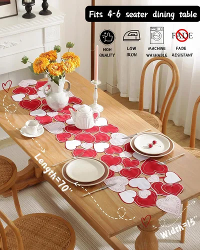 Miniatura 7 de Decoración del día de San Valentín, camino de mesa para el día de San Valentín, 70 pulgadas de largo, decoración de corazón bordado para el hogar