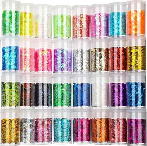 Teenitor - Mezcla de purpurina gruesa y fina para festivales, 32 colores, lentejuelas gruesas, copos iridiscentes de purpurina, cosméticos para