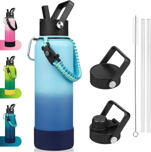 Miniatura 11 de BJPKPK - Botella de agua con tapa de popote, botellas de agua aisladas de 18 onzas con 3 tapas, asa de cuerda de paracaídas y base antideslizante