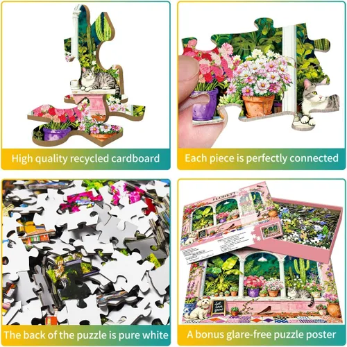 Miniatura 3 de Rompecabezas de 500 piezas para adultos, ventana de jardín floral con lindo cachorro de gato, rompecabezas de papel para decoración de plantas