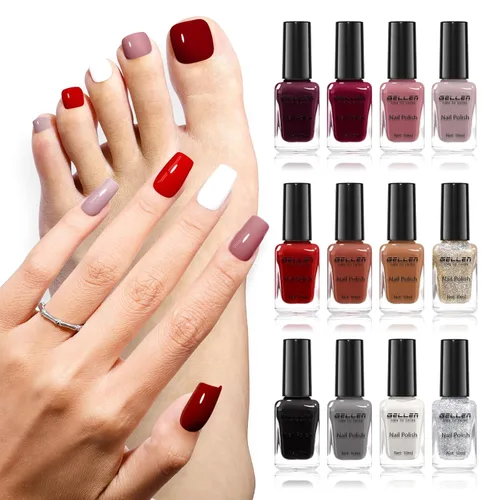 Miniatura 12 de GELLEN Juego de Esmalte de Uñas en 4 Colores Negro, Blanco, Gris & Base y Capa Superior, Esmalte de Uñas de Tendencia Otoño/Invierno Negro, Blanco