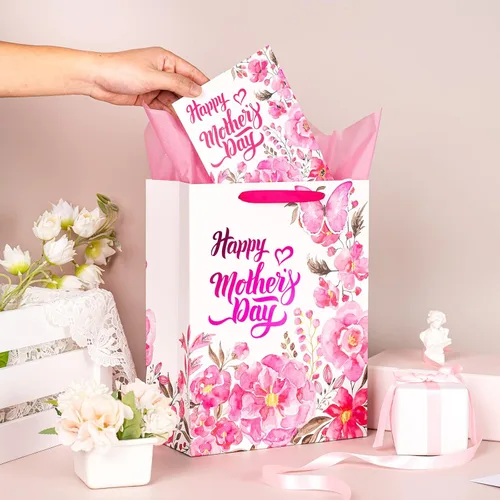Miniatura 4 de LeZakaa Bolsa de regalo para el día de la madre, letras del día de la madre, diseño floral rosa, mariposa y papel de aluminio rosa, bolsa de regalo