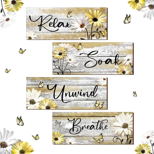 Miniatura 10 de Sunnyray 4 carteles de decoración de pared de baño de granja, margaritas y mariposas, arte de pared para baño, relajarse y relajarse, respirar, Azul