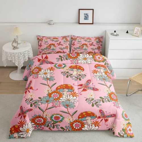 Miniatura 26 de Lindo juego de edredón de flores para niños y mujeres. Juego de ropa de cama de flores coloridas de dibujos animados, tamaño individual, bonito
