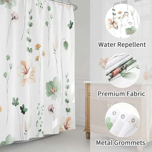 Miniatura 3 de Gibelle Cortina de ducha con diseño floral de acuarela, cortina de ducha de flores verde salvia beige para baño, juego de cortina de ducha moderna
