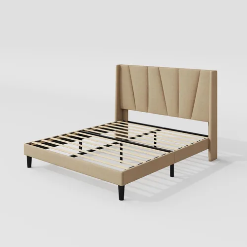 Miniatura 8 de Allewie Base de cama de plataforma tamaño Queen con cabecera geométrica con respaldo de alas, cama tapizada bohemia con soporte de listones de Beige