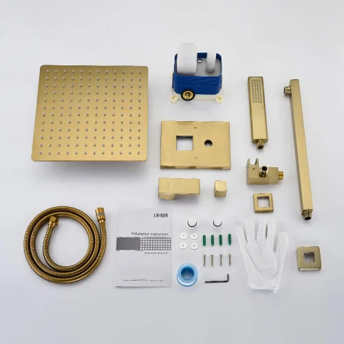 Miniatura 7 de Iriber - Sistema de regadera de lluvia de oro cepillado con cabezal de regadera de 10 pulgadas y juego de regadera de mano montado en la pared que