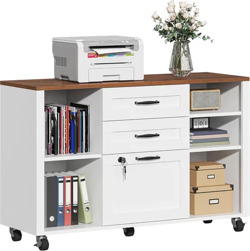 Miniatura 9 de Semoic Archivador de 2 cajones con cerradura, archivador lateral móvil para tamaño carta/legal/A4, estante ajustable de almacenamiento abierto