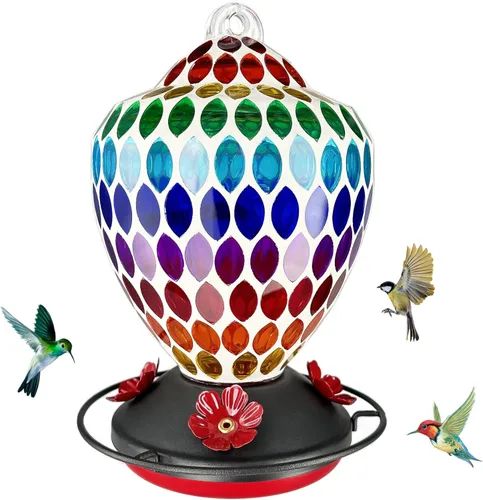 Lily's Home Comedero para colibríes de vidrio de mosaico de 35 onzas, decoración colorida de jardín, boca ancha fácil de rellenar, incluye gancho en