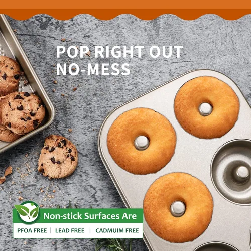 Miniatura 4 de HONGBAKE Moldes antiadherentes para hornear, paquete de 2 bandejas de donas profundas mejoradas de 6 cavidades, molde de bagel resistente para Dorado