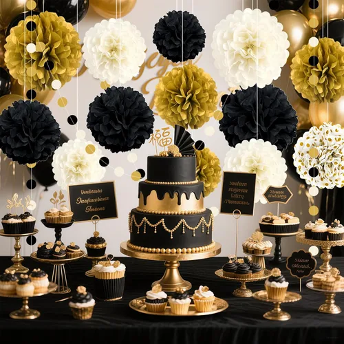Miniatura 5 de Decoraciones de fiesta negras y doradas, 16 piezas de pompones de papel de seda, kit de guirnalda de papel para fiesta de Año Nuevo, graduación