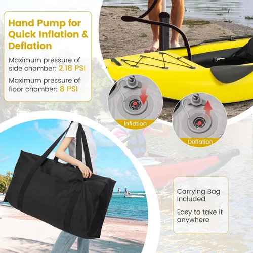 Miniatura 6 de GYMAX Kayak inflable, kayak tándem de 12.5 pies y 507 libras con 2 remos de aluminio, 2 asientos acolchados, reposapiés, 2 aletas, bomba de mano