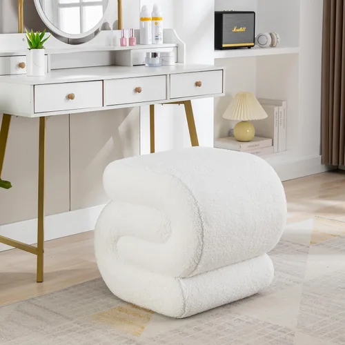 Taburete otomano de maquillaje moderno en forma de S de tela de peluche, reposapiés debajo del escritorio, asiento adicional tapizado para sala de