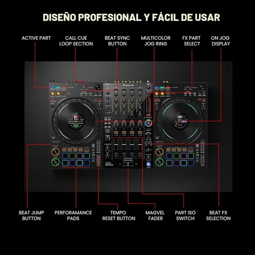 Miniatura 6 de Pioneer DJ DDJ-FLX10 Controlador profesional de DJ de 4 canales, paquete negro con funda de transporte, auriculares HDJ-CUE1, cable XLR y paño