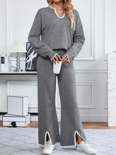 Miniatura 8 de SuperPrity Conjunto de 2 piezas de suéter para mujer, con cuello de muesca, manga larga, suéter de punto y pierna ancha