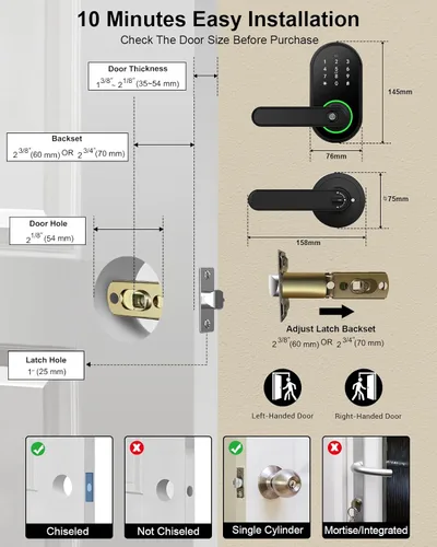 Miniatura 6 de Cerradura inteligente de puerta de huellas dactilares con teclado, cerradura de puerta de entrada sin llave, cerraduras de puerta para puerta
