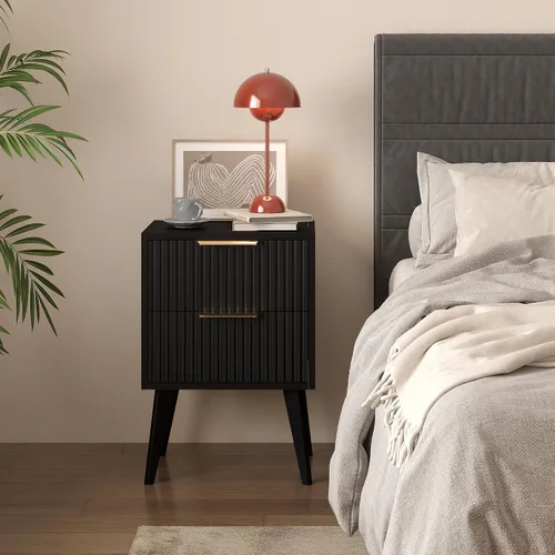Miniatura 4 de YAUKOMEL Mesita de noche negra, mesita de noche moderna de mediados de siglo, mesita de noche acanalada con 2 cajones, mesa auxiliar con patas