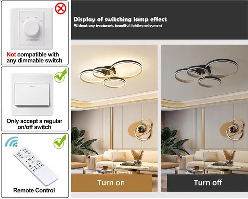Miniatura 5 de Ganeed Lámpara de techo LED regulable, moderna lámpara de techo de 4 anillos con control remoto, 60 W, luces de techo doradas para sala de estar