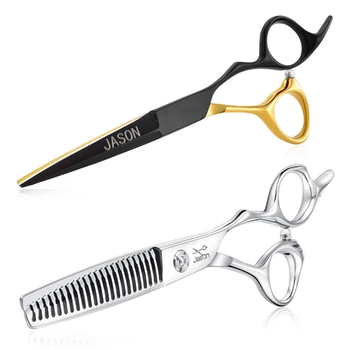 JASON Juego de tijeras para el cabello de 6 pulgadas, tijeras de peluquería de oro negro + tijeras de textura plateada para mujeres y hombres