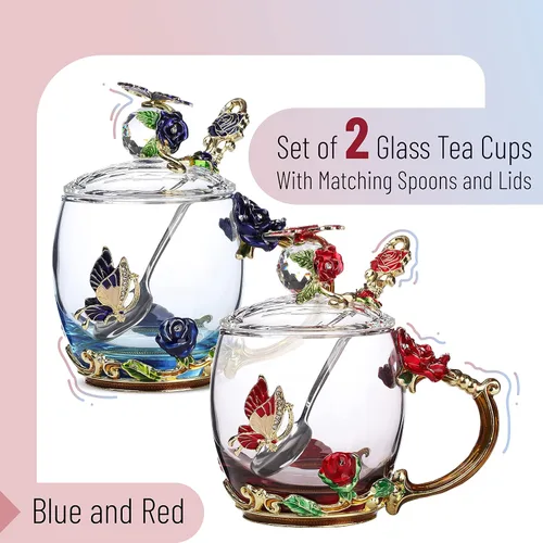 Miniatura 2 de BTaT- Juego de tazas de té de vidrio floral con tapas y cuchara, paquete de 2, 11 onzas, azul y rojo, diseño de flores con caja de regalo, tazas
