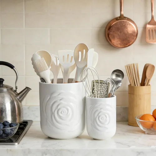 Miniatura 5 de Juego de 2 soportes grandes para utensilios, 7.5 pulgadas + 5.5 pulgadas, recipiente de cerámica para encimera de cocina para espátulas, cucharas