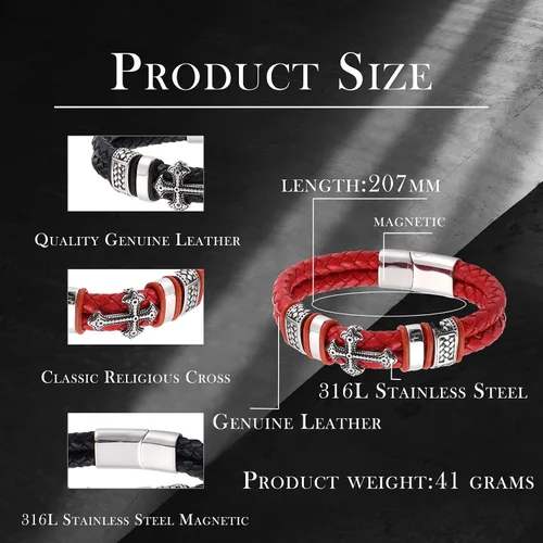 Miniatura 6 de Raymard Pulsera de cuero de doble fila cristiana para hombre - negrorojodorado y azul marino trenzado pulsera para hombres