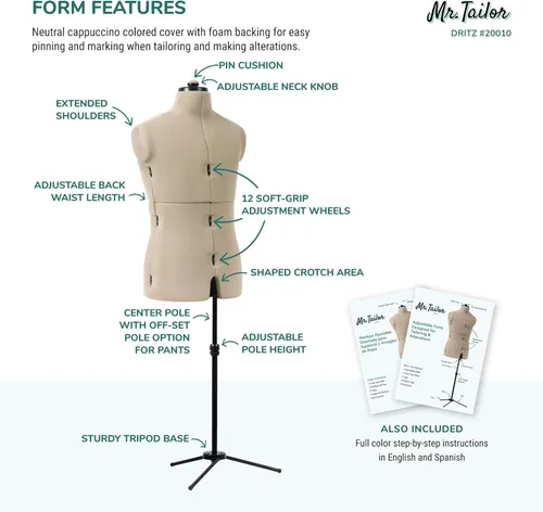 Miniatura 4 de Dritz Mr. Tailor - Forma de vestido ajustable para hombre, talla M a XL, maniquí de ropa masculina para costura, ajuste y drapeado, maniquí