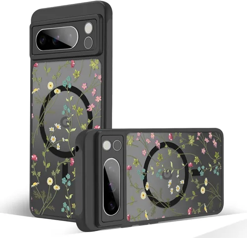 Miniatura 31 de Funda magnética para Google Pixel 10A [Compatible con MagSafe] Funda con patrón floral de flores negras para mujeres y niñas, con borde de TPU Rama