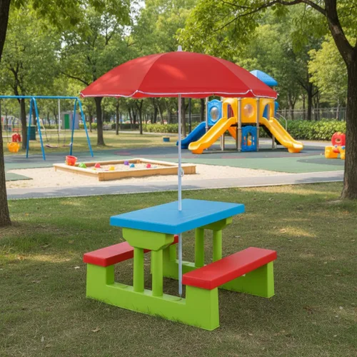 Miniatura 8 de KOTEK Juego de mesa de picnic para niños, mesa y banco para niños al aire libre con paraguas extraíble, muebles de plástico para niños, mesas