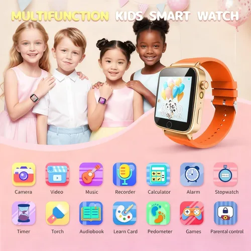 Miniatura 2 de Relojes para niñas de 4 a 12 años, reloj inteligente naranja para niños con cámara, 26 juegos de rompecabezas, reloj despertador, podómetro