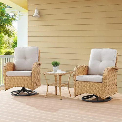 Belord Juego de muebles de patio de 3 piezas – Juego de sillas giratorias de bistró con mesa auxiliar de ratán, mimbre natural/cojín beige