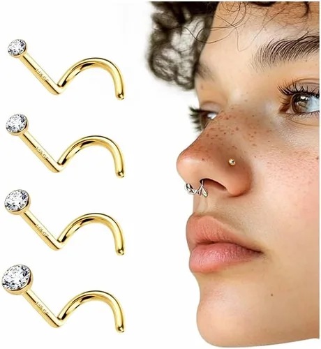 Miniatura 9 de 4 piezas de anillos de nariz de 20G bañados en oro de 14K para mujeres y hombres, anillos de nariz en forma de L, joyería hipoalergénica