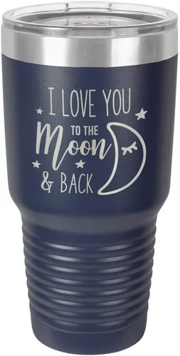 Miniatura 11 de Vaso azul de 30 onzas con popote y tapa superior deslizante con texto en inglés "I love you to the moon and back", taza de viaje de acero inoxidable