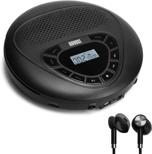 Reproductor de CD portátil con batería recargable - August SE10 - Altavoces estéreo duales, protección antisaltos, salida auxiliar y reproductor de