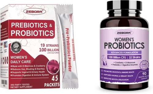 ZEBORA Probióticos para mujeres 100 mil millones de UFC con prebióticos, D-manosa y arándano para digestivos, inmunes y femeninos, apoyo de salud UT