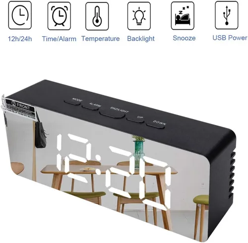 Miniatura 2 de Reloj despertador digital, pantalla LED grande con espejo con función de repetición, brillo ajustable, adecuado para el hogar, dormitorio, sala