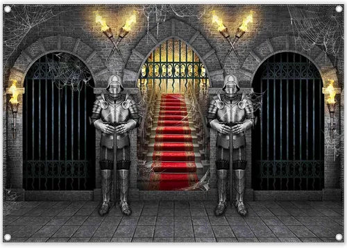Telón de fondo medieval de caballero de 7 x 5 pies, para fotografía, castillo, entrada, arcos, antorchas, fondo de mazmorra, Halloween, noche,