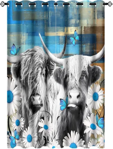 Miniatura 29 de Cortinas opacas con ojales de arte abstracto y moderno para dormitorio, diseño de grafiti de acuarela, margaritas geométricas, yak, mariposas