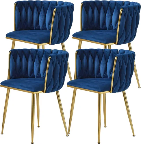 Miniatura 13 de Juego de 2 sillas de comedor de terciopelo, modernas sillas de comedor tapizadas con patas de metal dorado y respaldo tejido para comedor, cocina