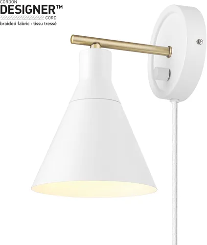 Miniatura 11 de Globe Electric 65542 - Candelabro de pared de 1 luz con enchufe o cableado, blanco mate, acento en latón, interruptor giratorio de atenuación sin