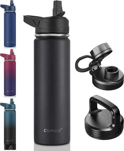 Miniatura 19 de CIVAGO Botella de agua aislada de 22 onzas con pajita, frasco de agua deportiva de acero inoxidable con 3 tapas