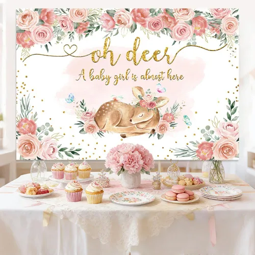 Miniatura 2 de MEHOFOND Telón de fondo para baby shower, diseño floral rosa para niñas, bosque, baby shower, fondo para fotos, vegetación con purpurina dorada