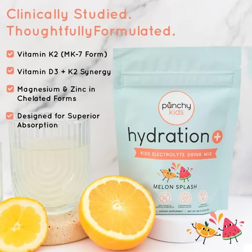 Miniatura 6 de Hydration+ - Mezcla de bebida de electrolitos para niños, cero azúcar, apoyo inmunológico y óseo con vitamina D, zinc y K2, cuchara de polvo
