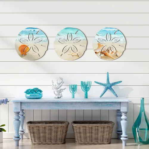 Miniatura 2 de Tatuo 3 piezas de decoración de pared costera de verano para baño, playa, arte de pared azul, tortuga de mar, tabla de surf, caballito de mar